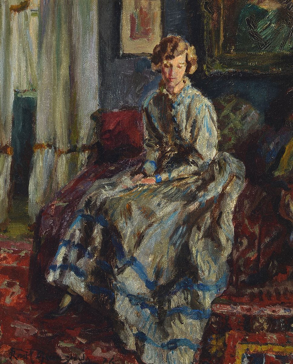 Karl Grünzweig, 1881 Ludwigshafen - 1932, Interieur mit einer jungen Frau im blauen Kleid, re. u. signiert, dat. 26, Öl/Lwd, rückseitig altes ...