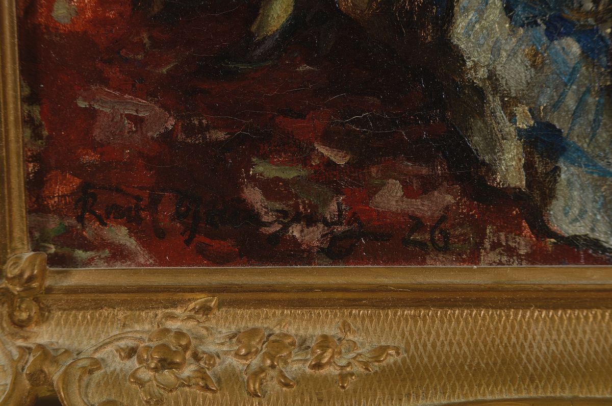 Detail a: Karl Grünzweig, 1881 Ludwigshafen - 1932, Interieur mit einer jungen Frau im blauen Kleid, re. u. signiert, dat. 26, Öl/Lwd, rückseitig altes ...