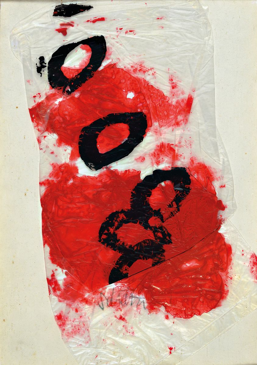Annette Schultze, geb. 1944, Bösenichtszucht, Acryl auf Frühstücksbeutel (Plastik), signiert, auf der Rahmenrückseite betitelt und signiert und ...