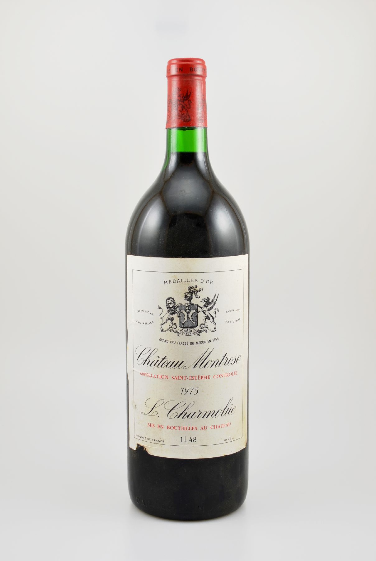 1 Magnumflasche 1975 Chateau Montrose, Saint-Estephe, Grand Cru Classe, ca. 150 cl, Füllstand: ca. into neck, Etikett l. beschmutzt bzw. besch., ...