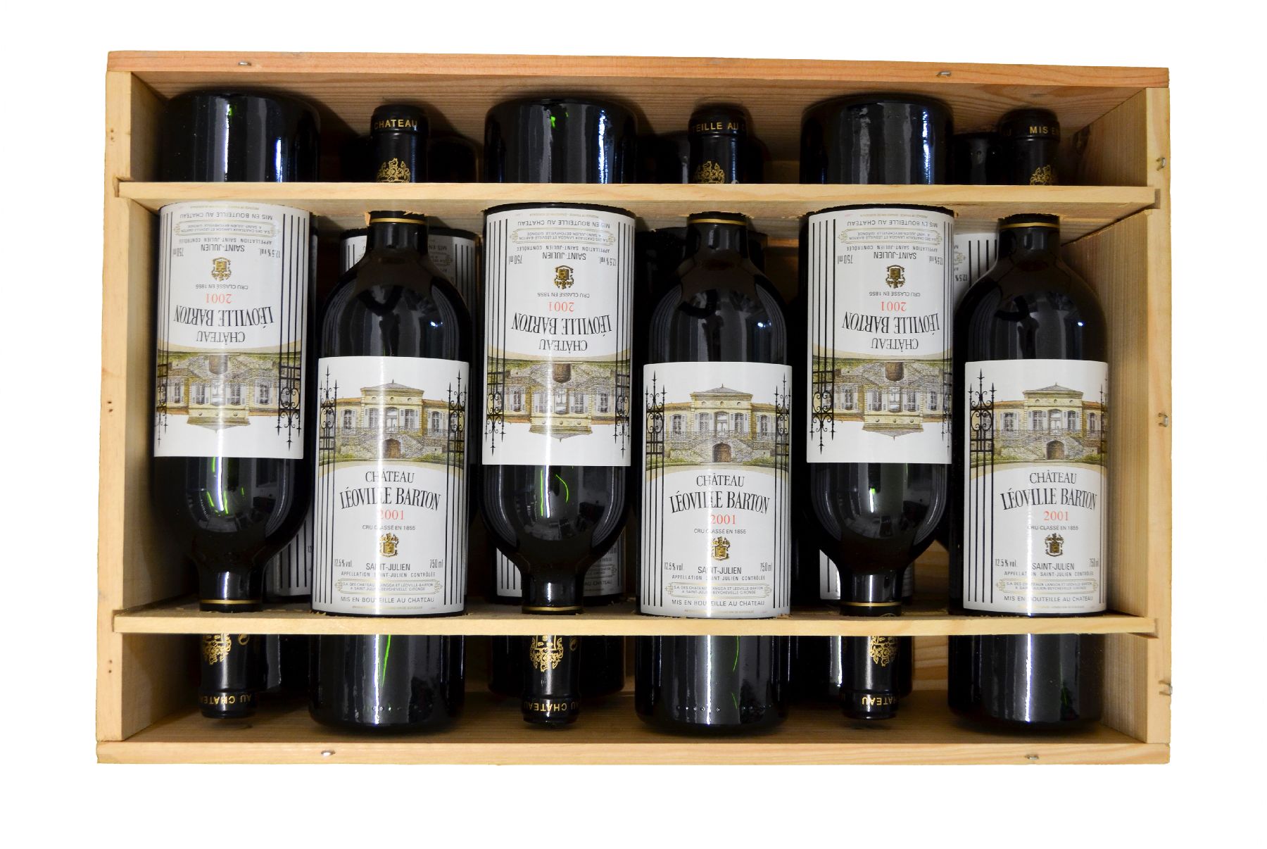 Detail a: 12 Flaschen 2001 Chateau Leoville Barton, Saint-Julien, Grand Cru Classe, je ca. 75 cl, 12,5 % Vol., Füllstände: je ca. into neck, hervorragende ...