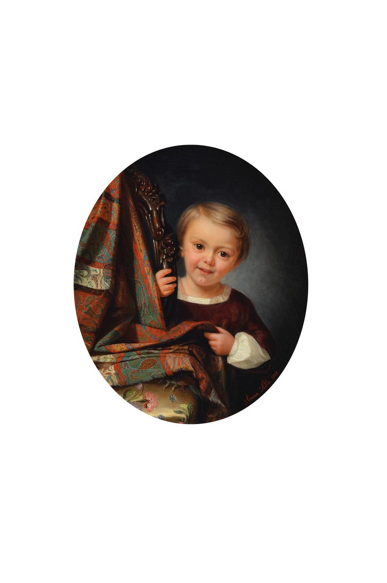 Anna Felix, 1827 - 1863, Kinderporträt, kleines Mädchen schaut lächelnd den Betrachter an, neben ihr ein Stuhl mit beschnitzter Lehne, darüber ...