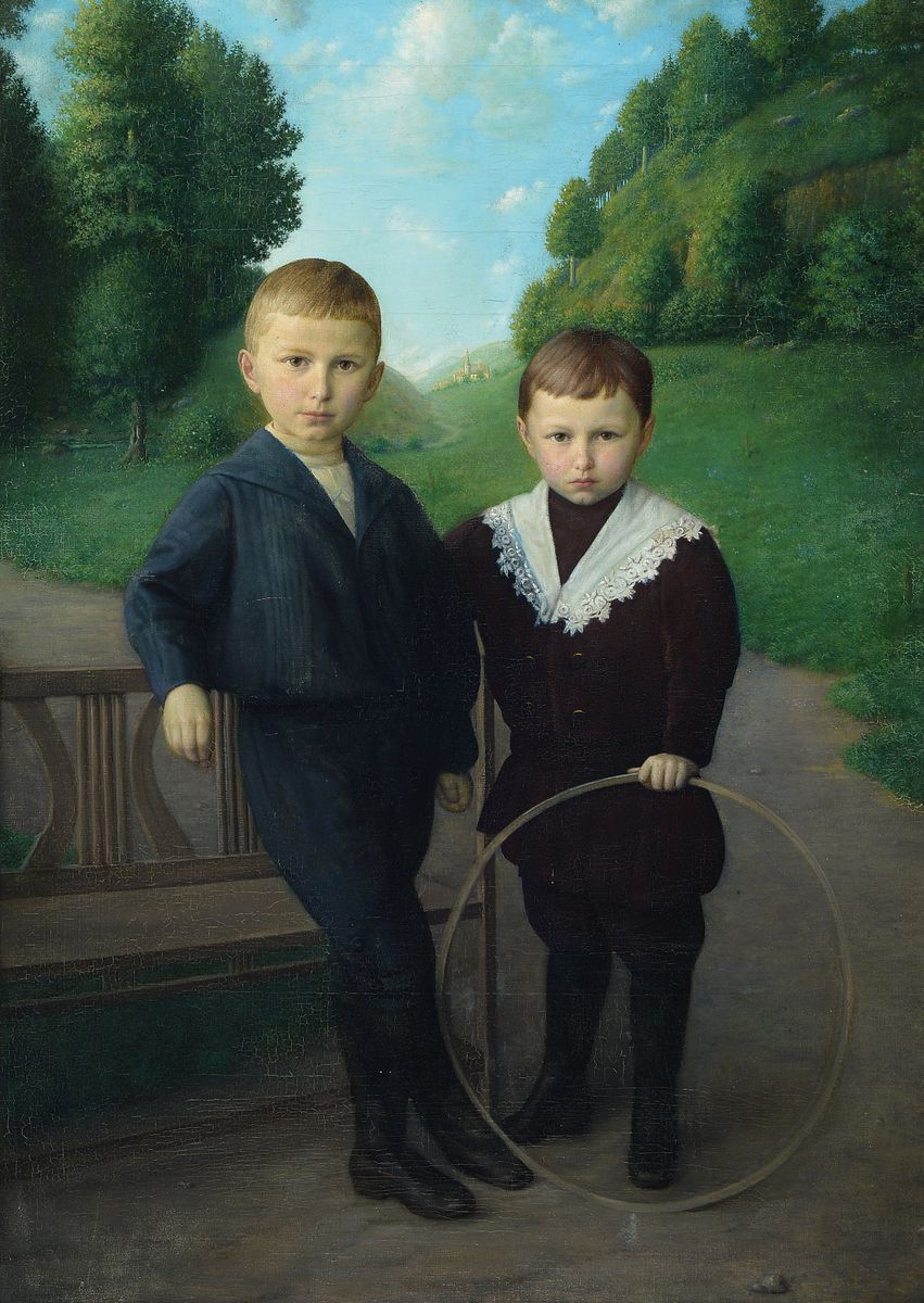 Porträtist, wohl osteuropäisch, Mitte 19. Jh., Knabenpaar, zwei junge Knaben in Parklandschaft mit einem Spielreifen dargestellt, die Jungen sehen ...