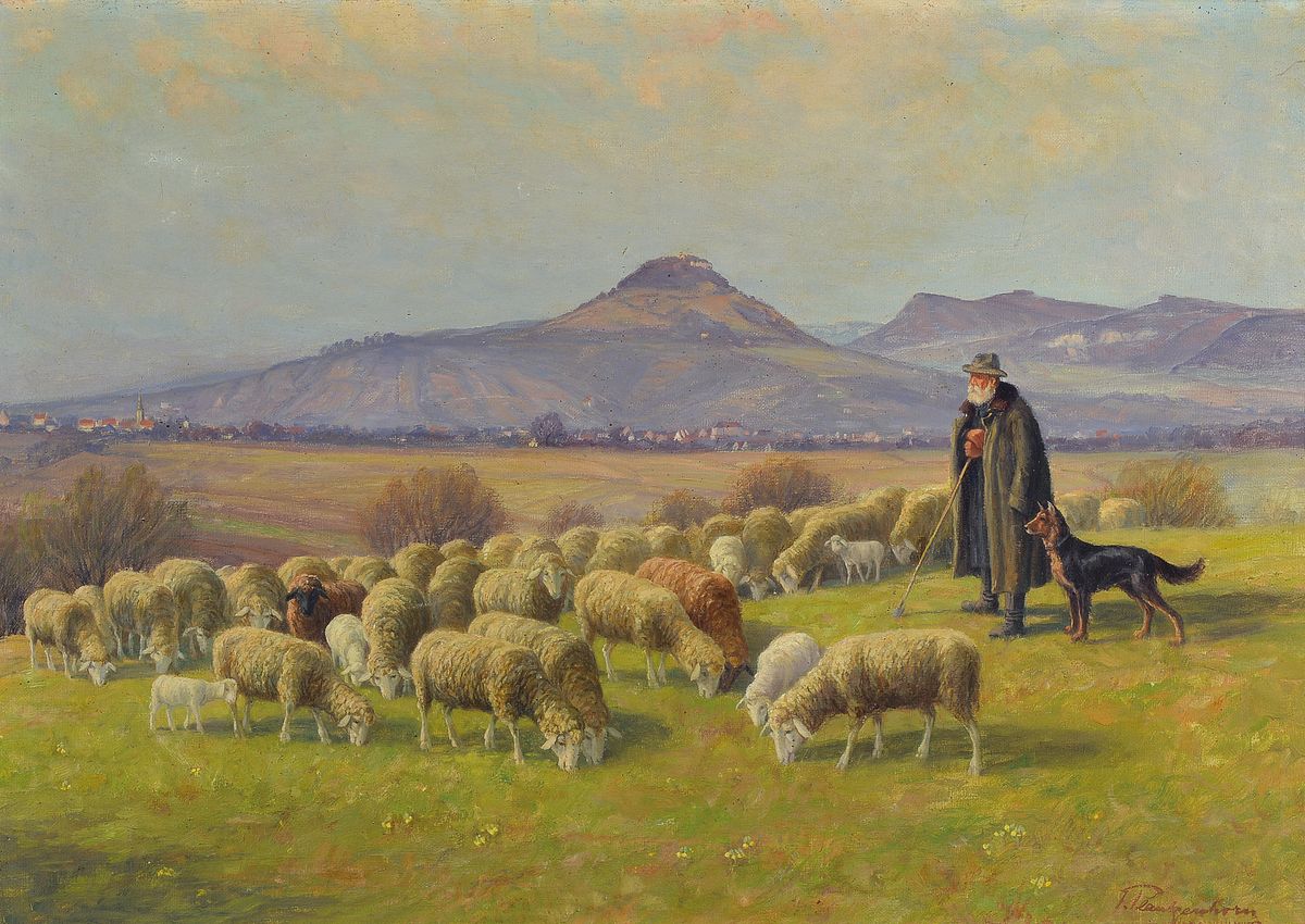Jakob Blankenhorn, 1894 Talheim-1977 Steinlach, Schäfer mit seiner Herde in hügeliger Landschaft, Öl/Lwd, rechts unten signiert, ca. 47x67cm, ...