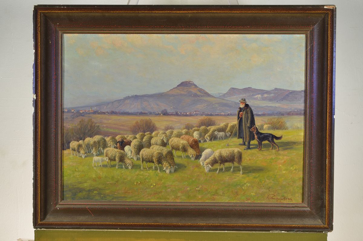 Detail k: Jakob Blankenhorn, 1894 Talheim-1977 Steinlach, Schäfer mit seiner Herde in hügeliger Landschaft, Öl/Lwd, rechts unten signiert, ca. 47x67cm, ...