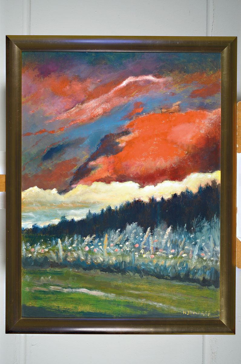 Detail k: Heinz Dodenhoff, 1889 Tarmstedt - 1981 Langen, Worpsweder Maler, zwei Landschaften, a. Worpsweder Moorkate im Abendrot, Öl/Malkarton,ca. 60 x 80 cm, ...