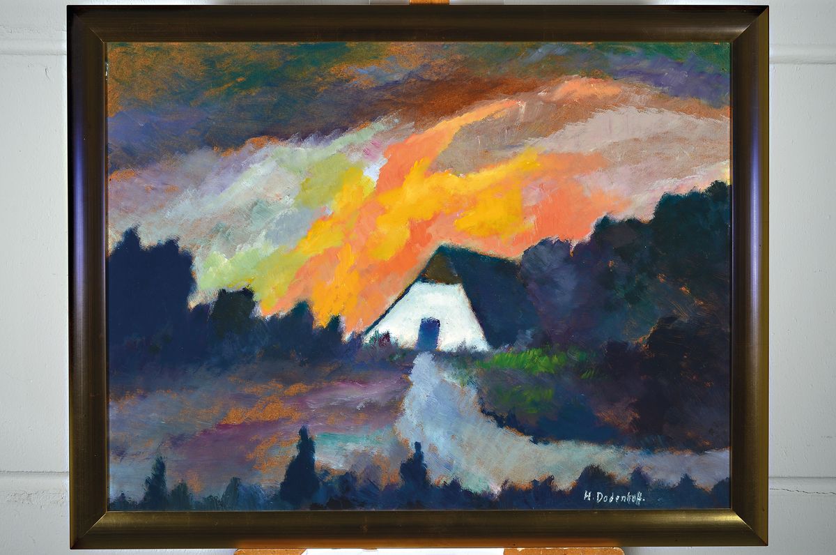 Detail m: Heinz Dodenhoff, 1889 Tarmstedt - 1981 Langen, Worpsweder Maler, zwei Landschaften, a. Worpsweder Moorkate im Abendrot, Öl/Malkarton,ca. 60 x 80 cm, ...