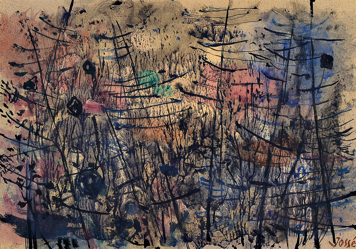 Friedrich Jossé, 1897 Woldstein-1994 Speyer,Abstrakte Komposition, Aquarell und Gouache auf Papier, rechts unten signiert, ca. 27x38cm, PP, u.Gl., ...