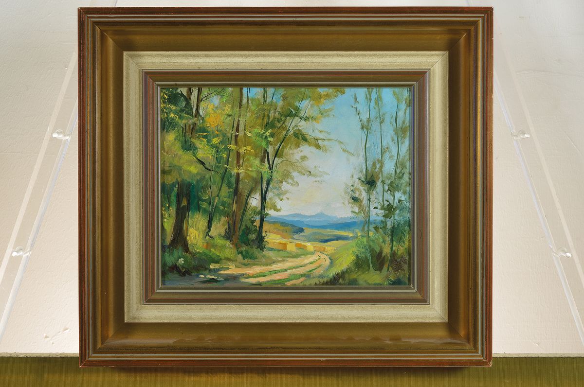 Detail k: Willy Weber, 1895-1959 Ludwigshafen/Rhein, Landschaft in der Südpfalz, Öl/Hartfaser, rechts unten signiert (durch Rahmen verdeckt), ca. 25x30cm, R. ...