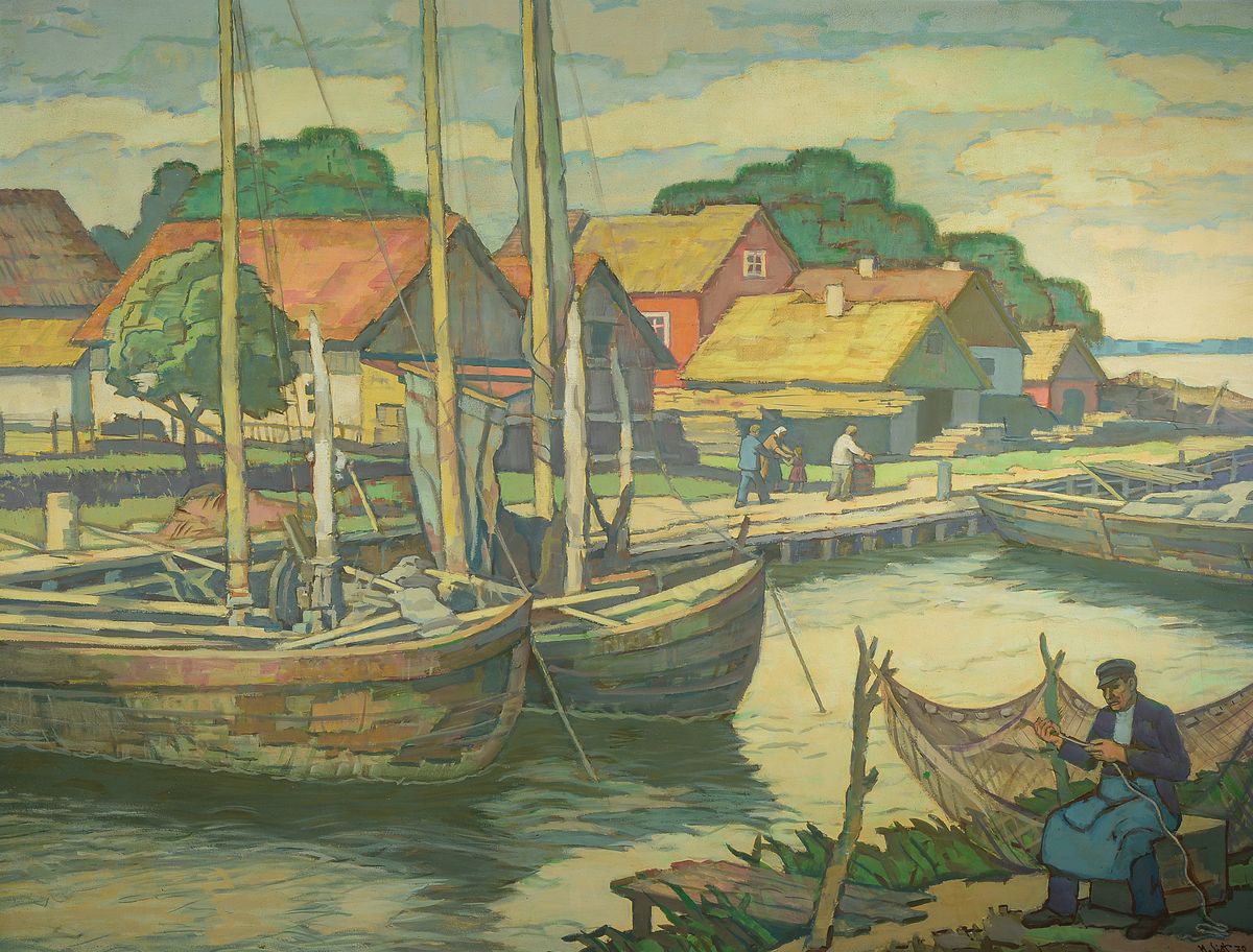 Hans List, 1902-1977, Fischerhafen in Norddeutschland, Öl/Hartfaser, rechts unten signiert und dat. 70, ca. 95x125, R. ca. 100x 130cm