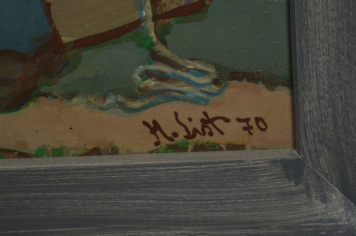 Detail a: Hans List, 1902-1977, Fischerhafen in Norddeutschland, Öl/Hartfaser, rechts unten signiert und dat. 70, ca. 95x125, R. ca. 100x 130cm