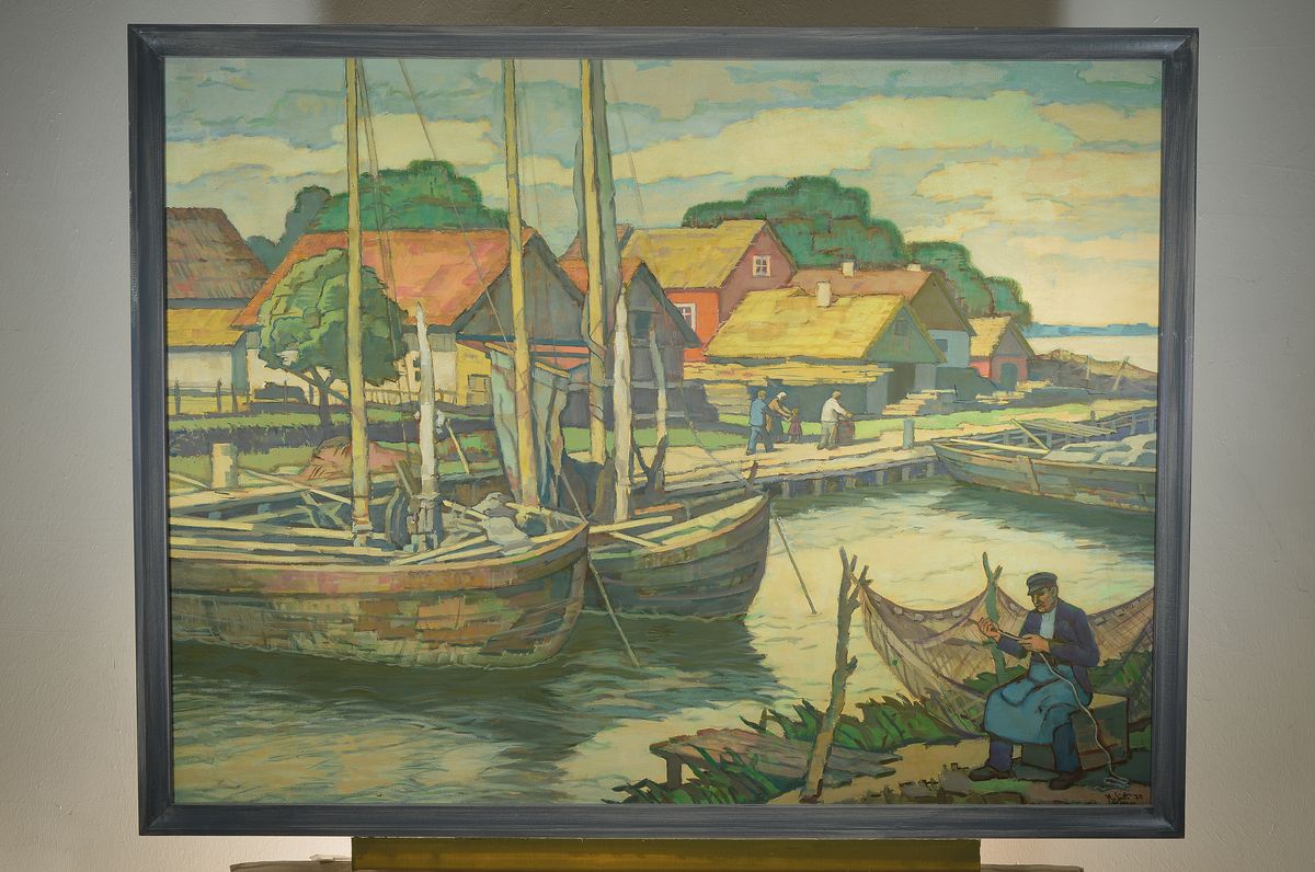 Detail k: Hans List, 1902-1977, Fischerhafen in Norddeutschland, Öl/Hartfaser, rechts unten signiert und dat. 70, ca. 95x125, R. ca. 100x 130cm