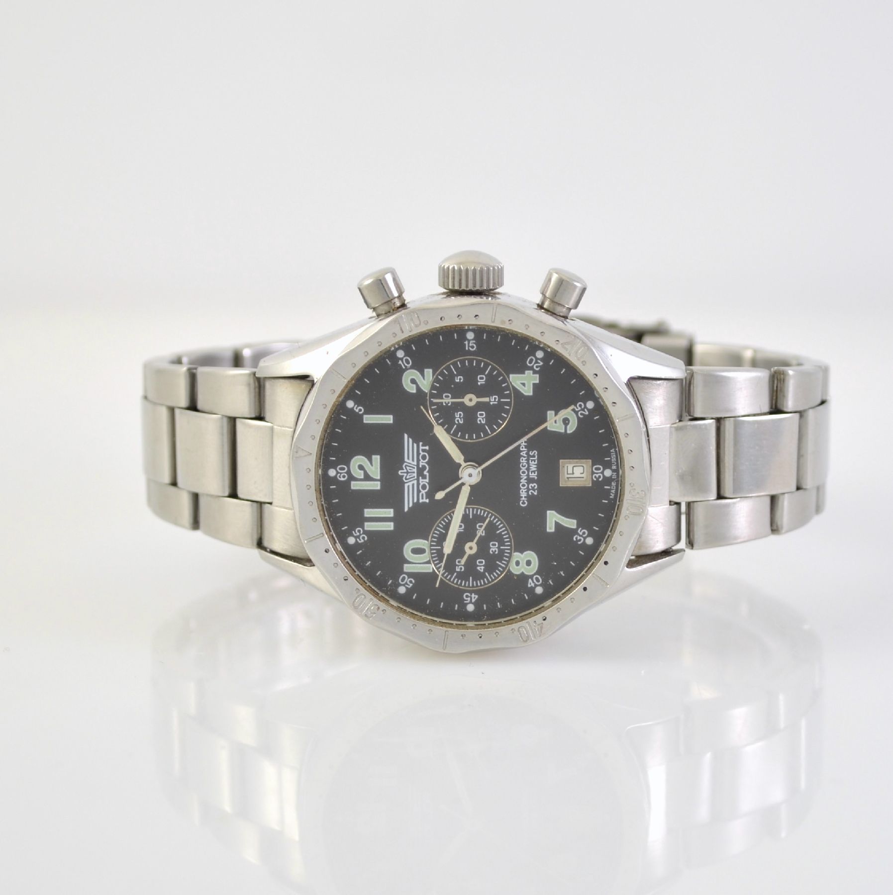 POLJOT Armbandchronograph, Russland um 1998, Handaufzug, Edelstahlgeh. inkl. neutr. Gliederband, Boden geschr., Design übernommen aus den 50er ...