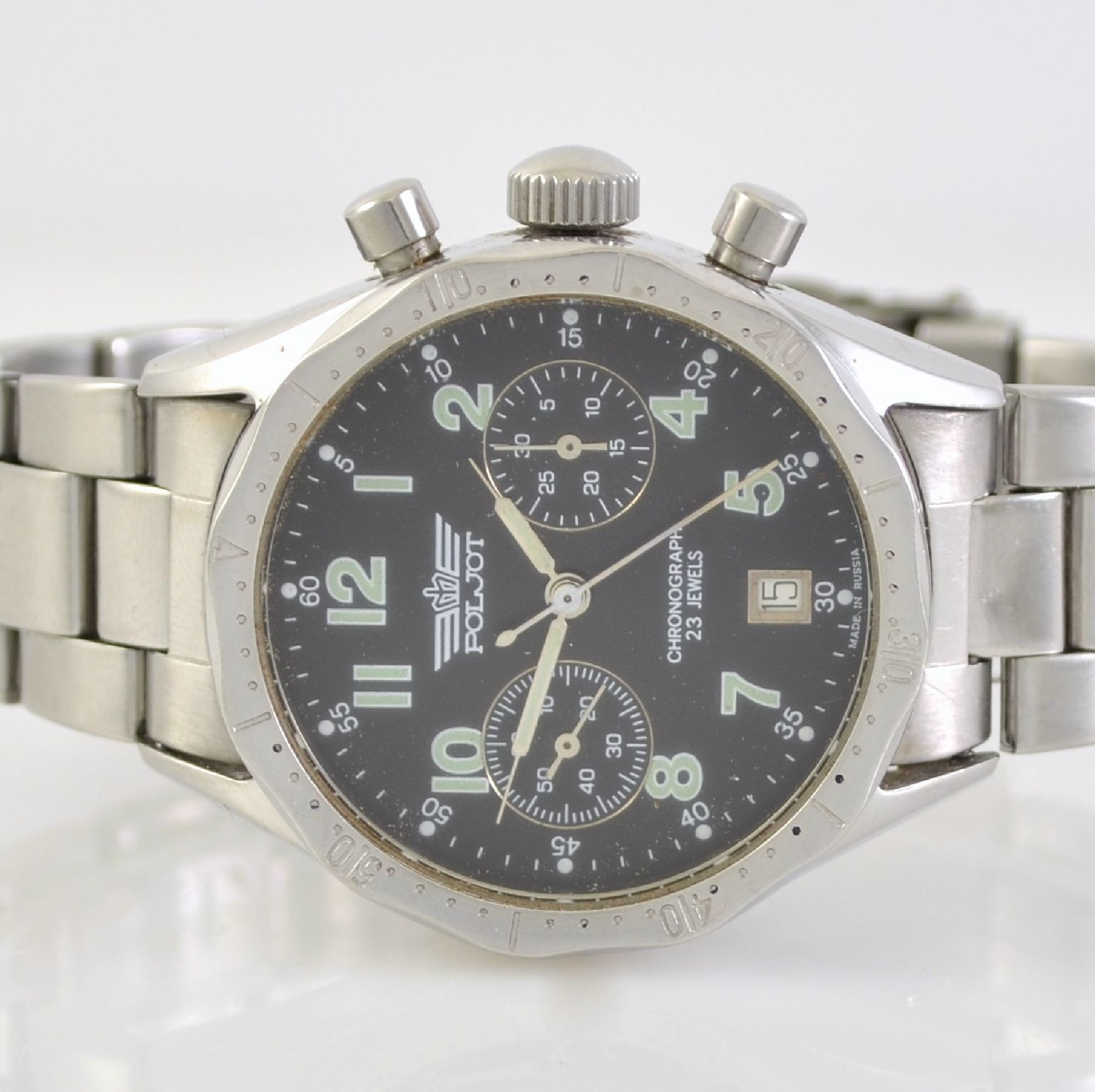Detail a: POLJOT Armbandchronograph, Russland um 1998, Handaufzug, Edelstahlgeh. inkl. neutr. Gliederband, Boden geschr., Design übernommen aus den 50er ...