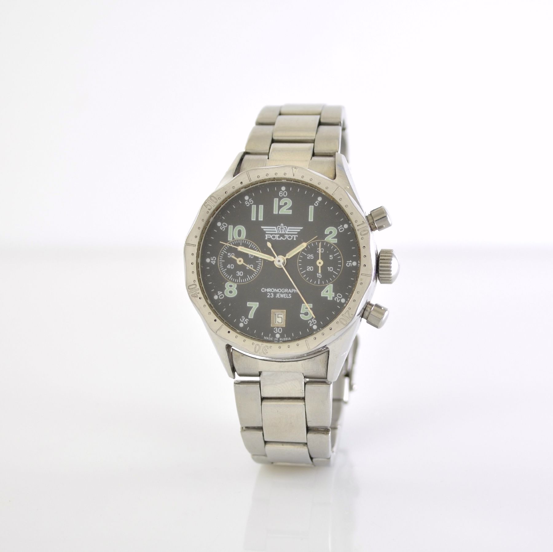 Detail b: POLJOT Armbandchronograph, Russland um 1998, Handaufzug, Edelstahlgeh. inkl. neutr. Gliederband, Boden geschr., Design übernommen aus den 50er ...