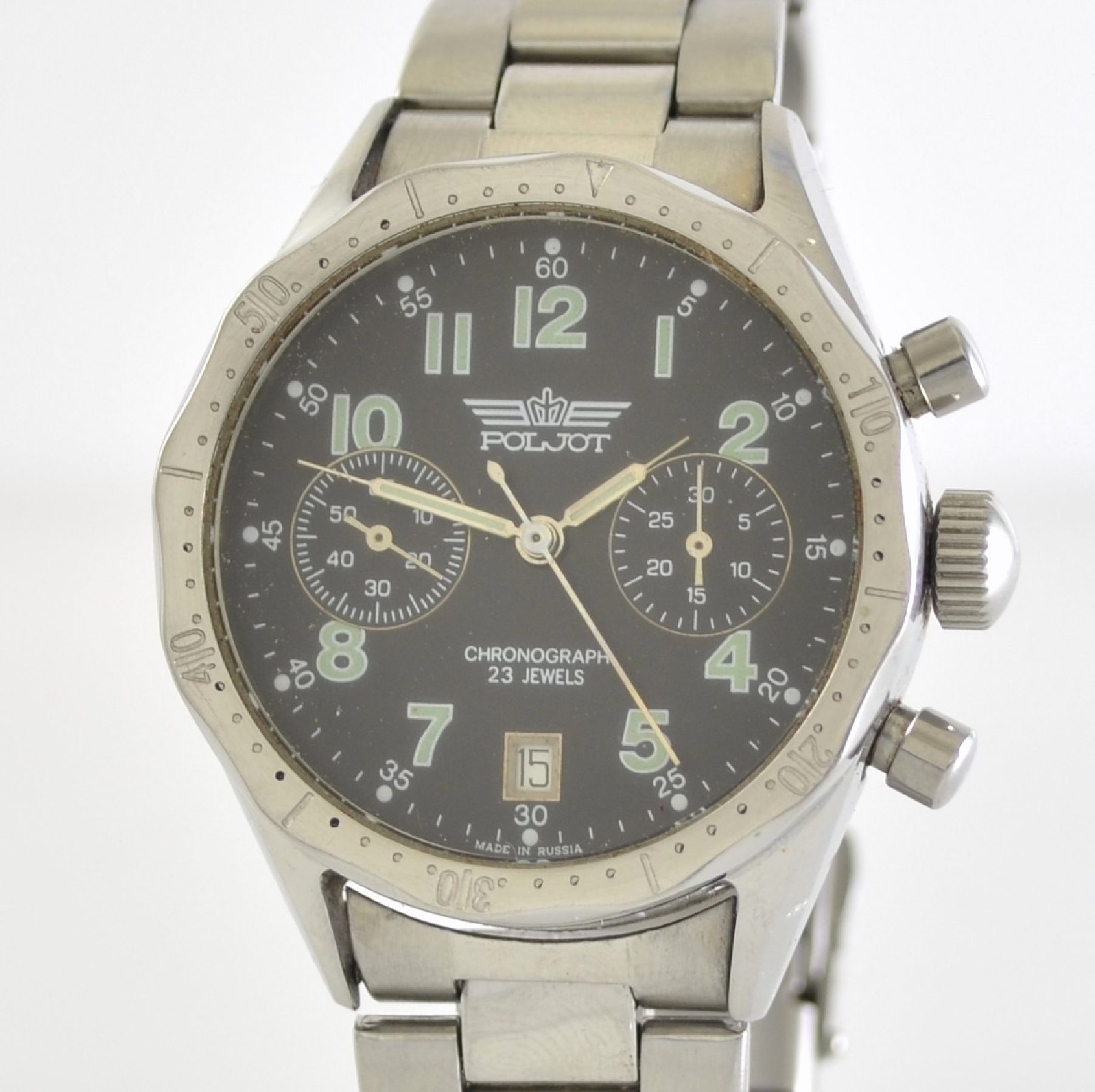 Detail c: POLJOT Armbandchronograph, Russland um 1998, Handaufzug, Edelstahlgeh. inkl. neutr. Gliederband, Boden geschr., Design übernommen aus den 50er ...