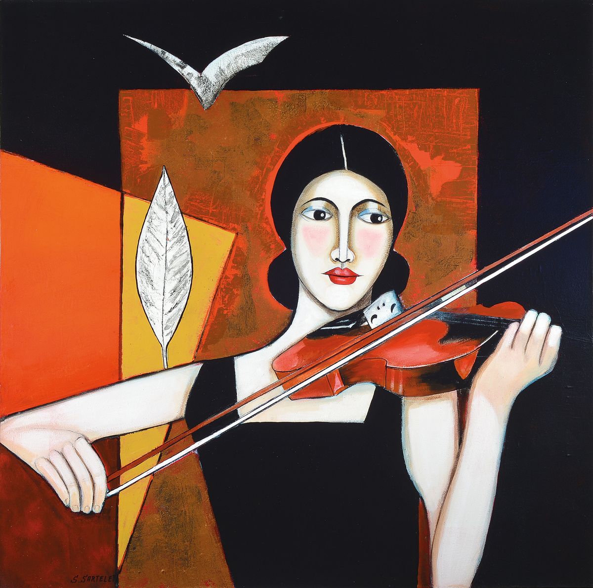 Silvia Sartelet, geb. 1947 Berlin, Frauendarstellung mit Violine, Acryl/Lwd, li. u. sign., ca. 90x90 cm