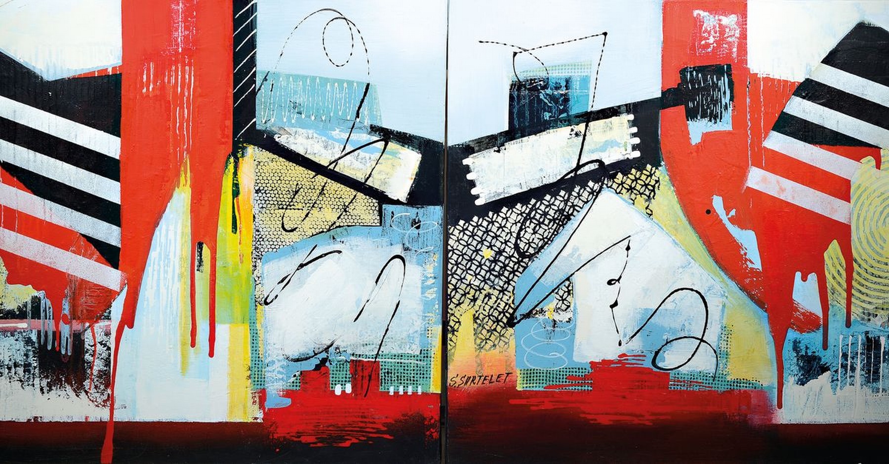 Silvia Sartelet, geb. 1947 Berlin, Abstrakte Komposition, Diptychon, Acryl/Lwd, eins davon sign., je 80x80 cm