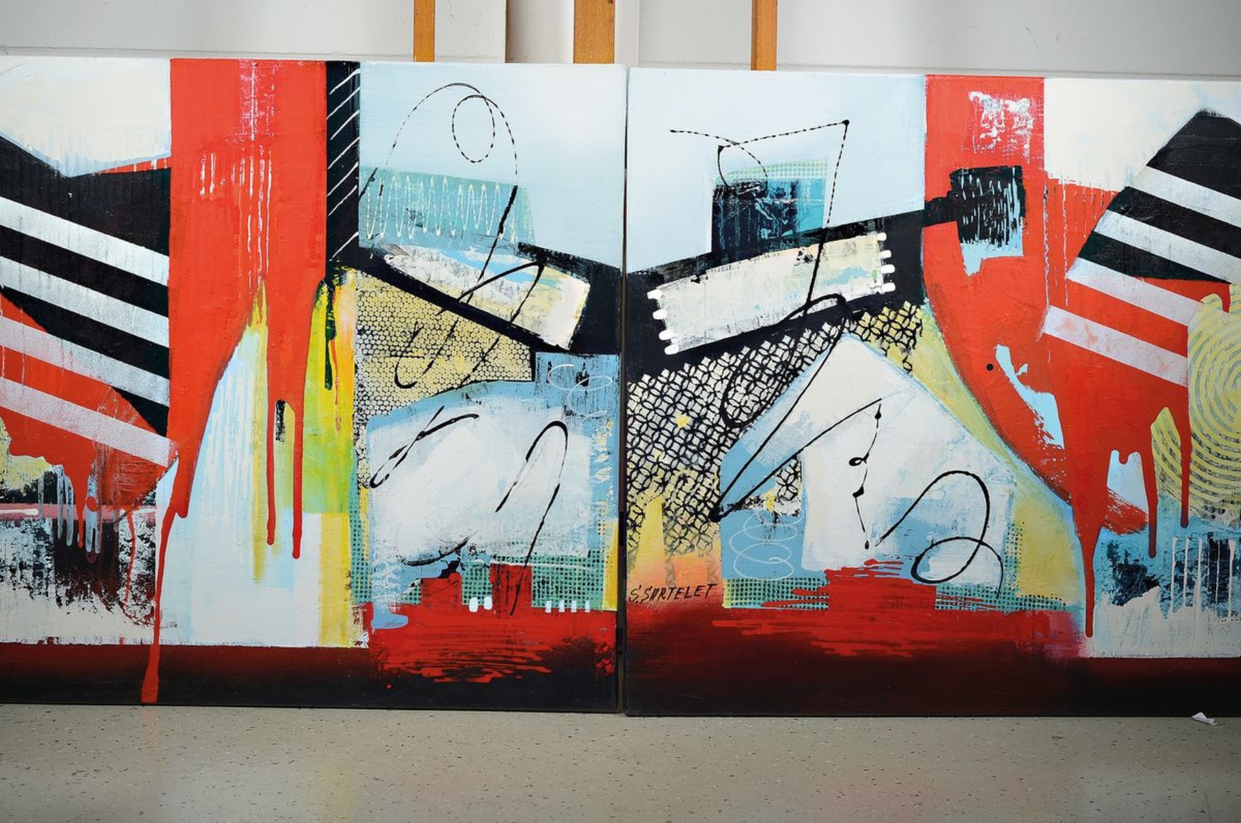 Detail k: Silvia Sartelet, geb. 1947 Berlin, Abstrakte Komposition, Diptychon, Acryl/Lwd, eins davon sign., je 80x80 cm