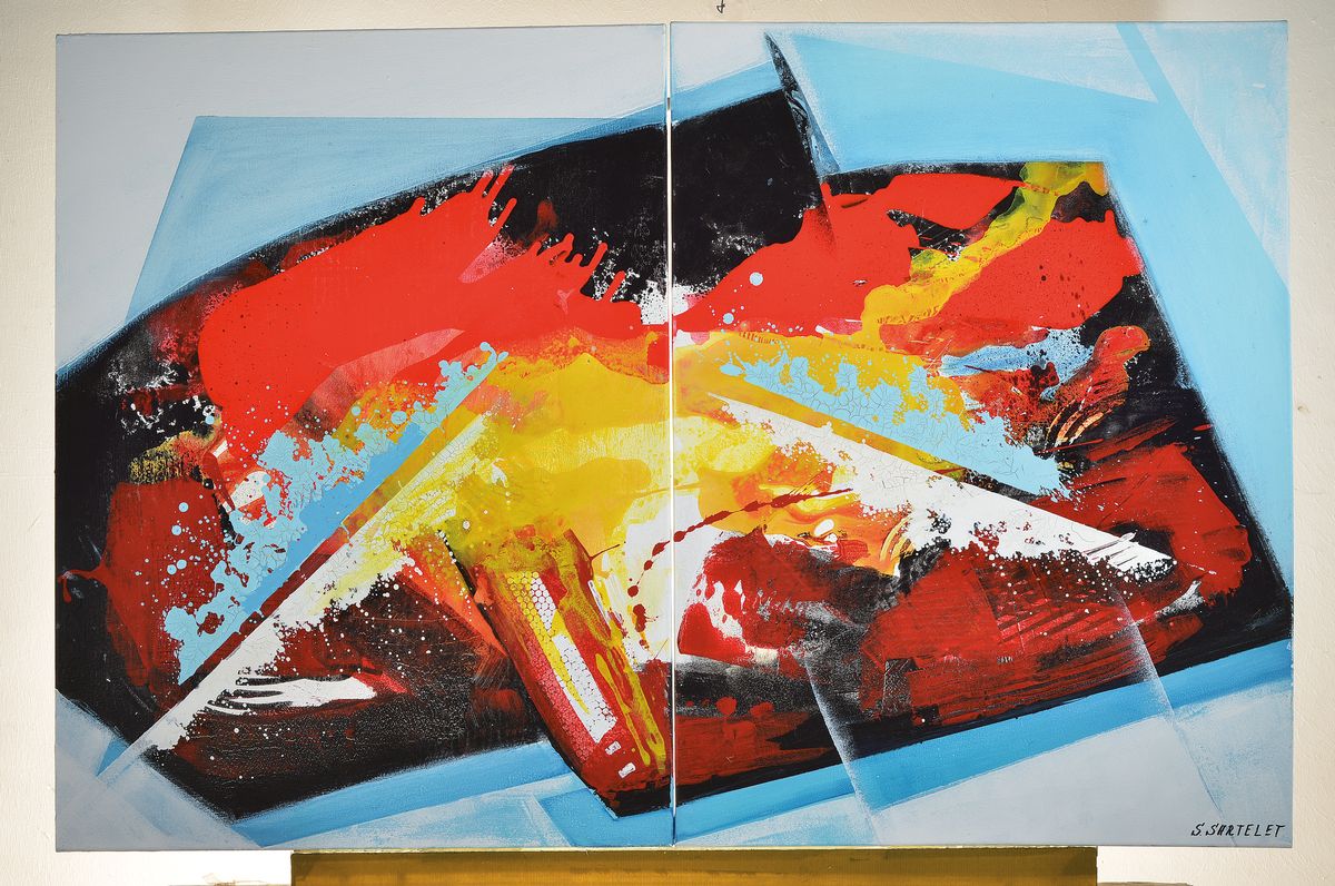 Detail l: Silvia Sartelet, geb. 1947 Berlin, Abstrakte Komposition, Diptychon,, Acryl/Lwd, eins davon sign., je. ca. 80x60 cm