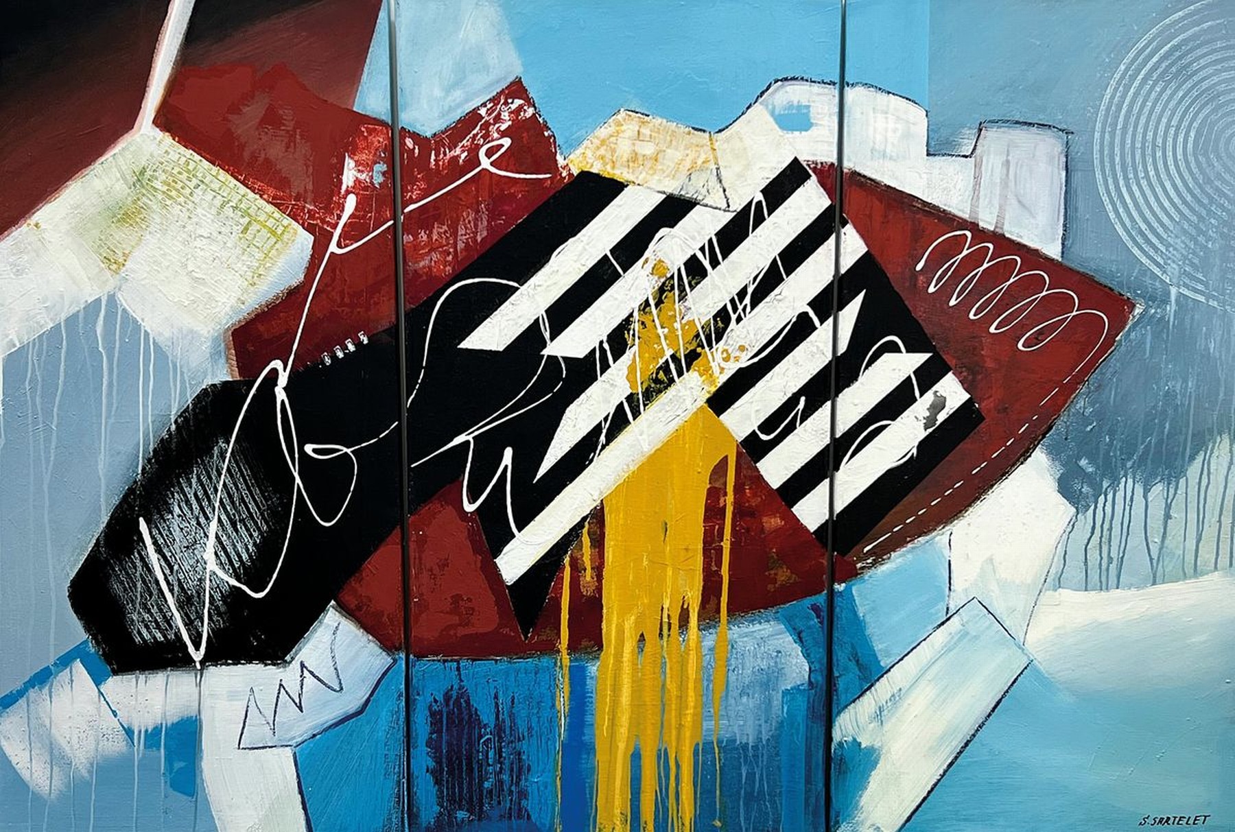 Silvia Sartelet, geb. 1947 Berlin, Abstrakte Komposition, 3Teilig- Triptychon, eins davon sign., je ca. 100x50 cm