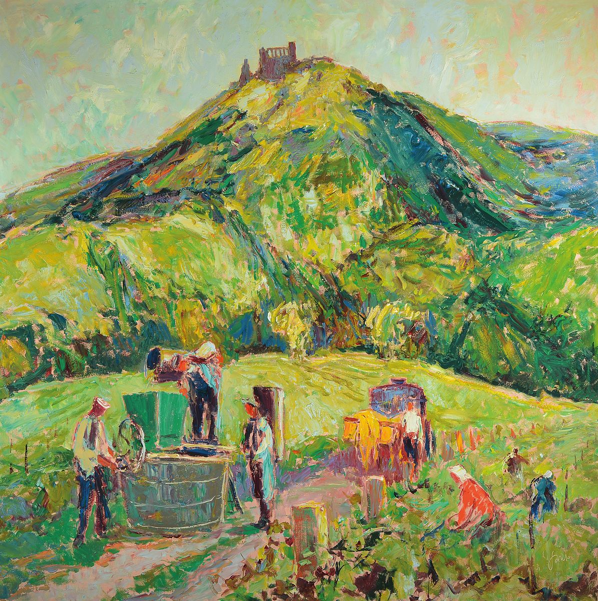 Karl Graf, 1902-1986 Speyer, Weinleseszene in der Pfalz, Öl/Hartfaser, signiert, ca. 100x100cm, R. ca. 106x106cm