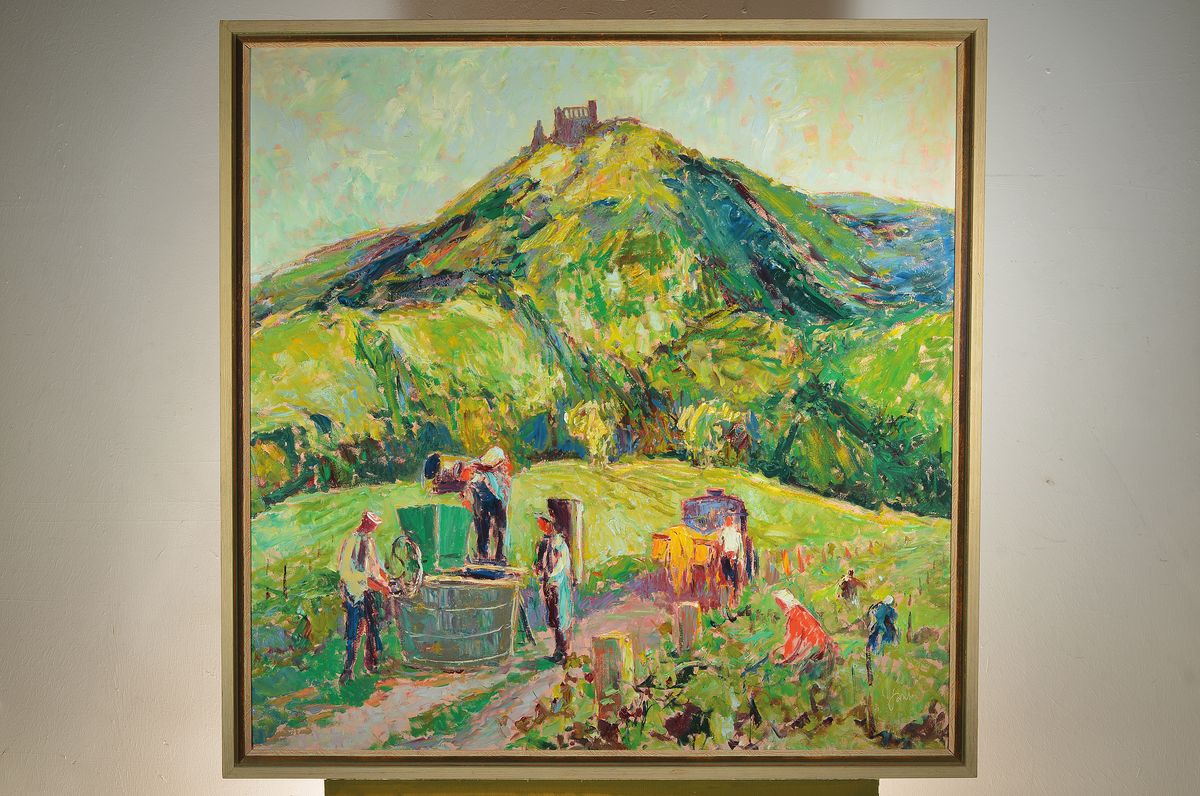 Detail k: Karl Graf, 1902-1986 Speyer, Weinleseszene in der Pfalz, Öl/Hartfaser, signiert, ca. 100x100cm, R. ca. 106x106cm