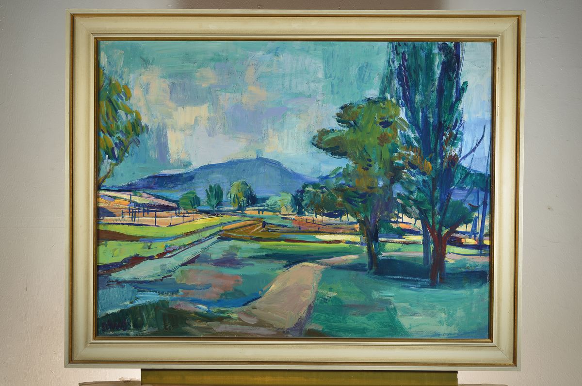 Detail k: Erich Schug, 1906 Ludwigshafen-1982 Bad Dürkheim, Blick vom Freinsheimer Hahnen auf den Peterskopf, rückseitig so betitelt, Öl/ Hartfaser, ...