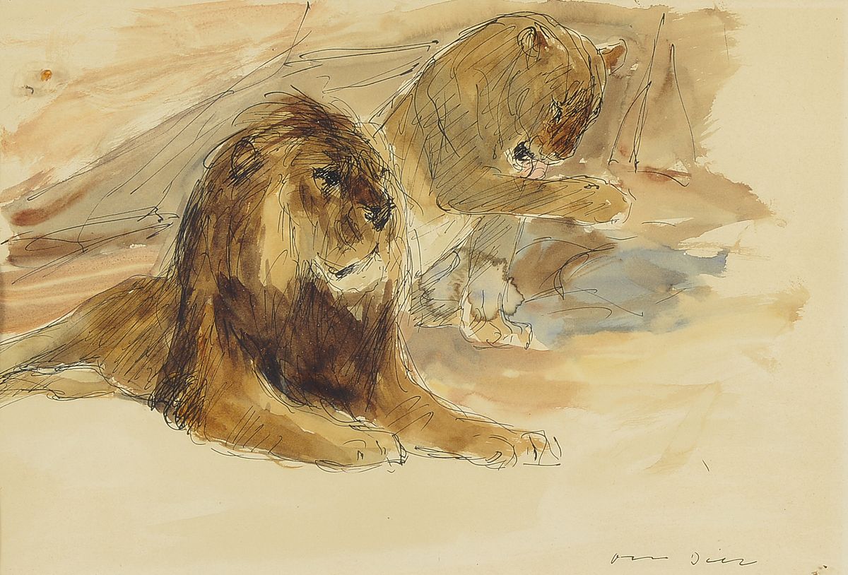 Otto Dill, 1884 Neustadt-1956 Bad Dürkheim, Löwenpaar, aquarellierte Tuschezeichnung, signiert, ca. 19x29cm, PP, u.Gl., R. ca. 44x 52cm