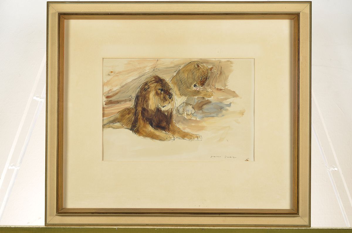 Detail k: Otto Dill, 1884 Neustadt-1956 Bad Dürkheim, Löwenpaar, aquarellierte Tuschezeichnung, signiert, ca. 19x29cm, PP, u.Gl., R. ca. 44x 52cm