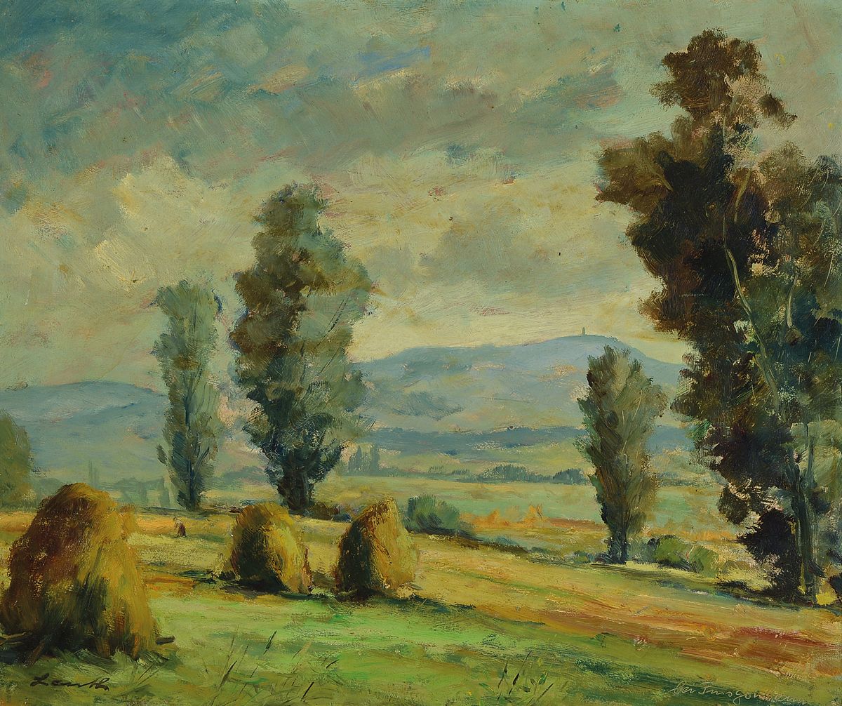 Robert Lauth, 1896 Ludwigshafen-1985, hügelige Landschaft mit Pappeln, Öl/Hartfaser, signiert, ca. 50x60cm, R. ca. 66x76cm