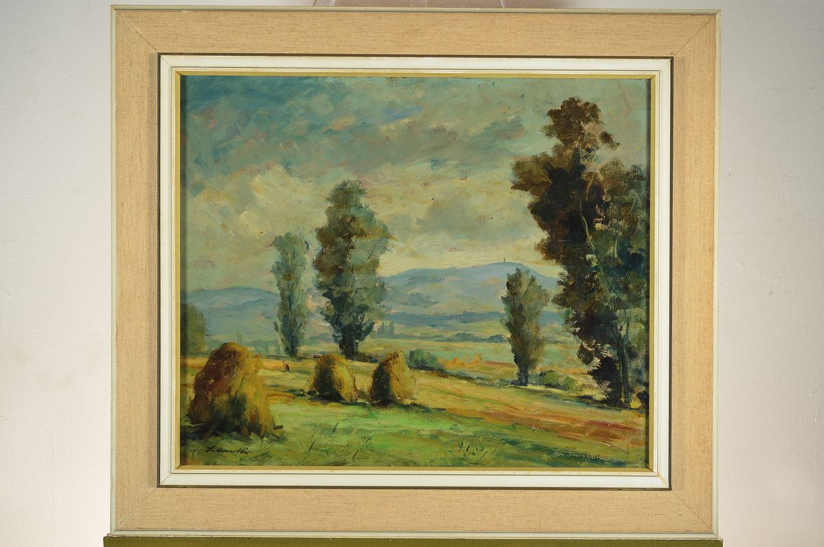 Detail k: Robert Lauth, 1896 Ludwigshafen-1985, hügelige Landschaft mit Pappeln, Öl/Hartfaser, signiert, ca. 50x60cm, R. ca. 66x76cm