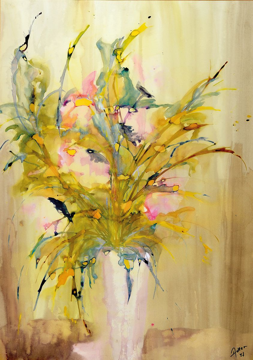 Annabel Adler, geb. 1945, Blumenstillleben, Aquarell/Papier, signiert, ca. 68 x 48 cm, dat. 87, unter Glas, Rahmen, PP, Rahmen beschädigt, ca. 90.5 ...