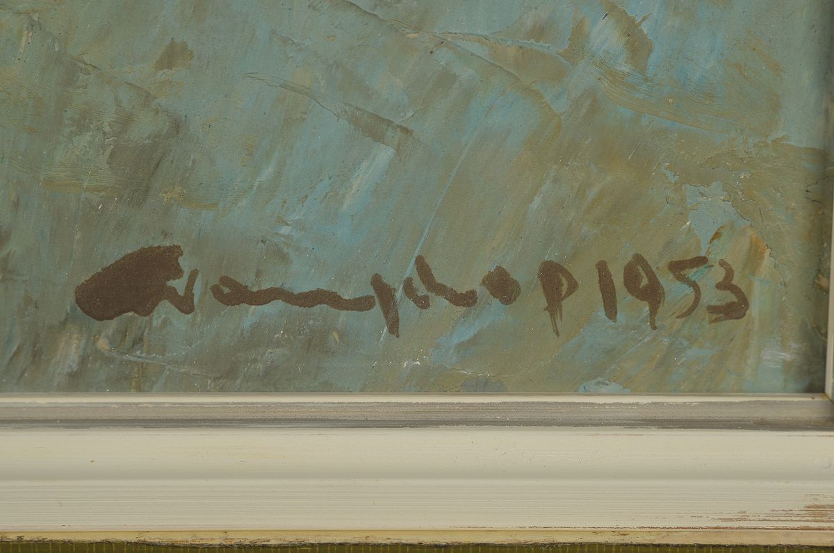 Detail a: Helmut Wanschap, 1911 Berlin-1987 Kusel, Winter am Marktplatz in Kusel mit dem Hutmacherbrunnen, Öl/Malkarton, rechts unten signiert und datiert ...
