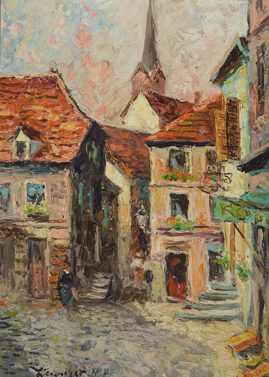Helmut Wanschap, 1911 Berlin-1987 Kusel, Die untere Marktstraße in Kusel, Öl/Malkarton,links unten signiert und dat. 60, ca. 67x48cm, R. ca. 80x60cm