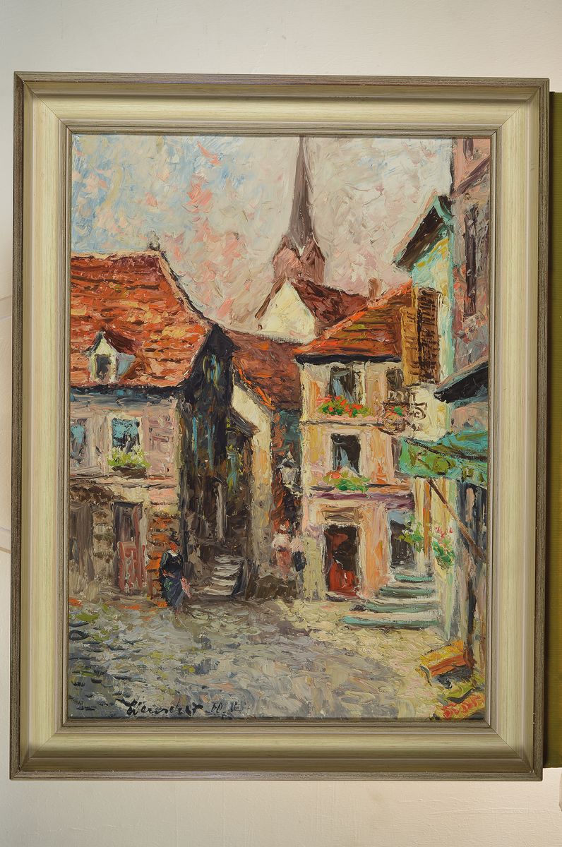 Detail k: Helmut Wanschap, 1911 Berlin-1987 Kusel, Die untere Marktstraße in Kusel, Öl/Malkarton,links unten signiert und dat. 60, ca. 67x48cm, R. ca. 80x60cm