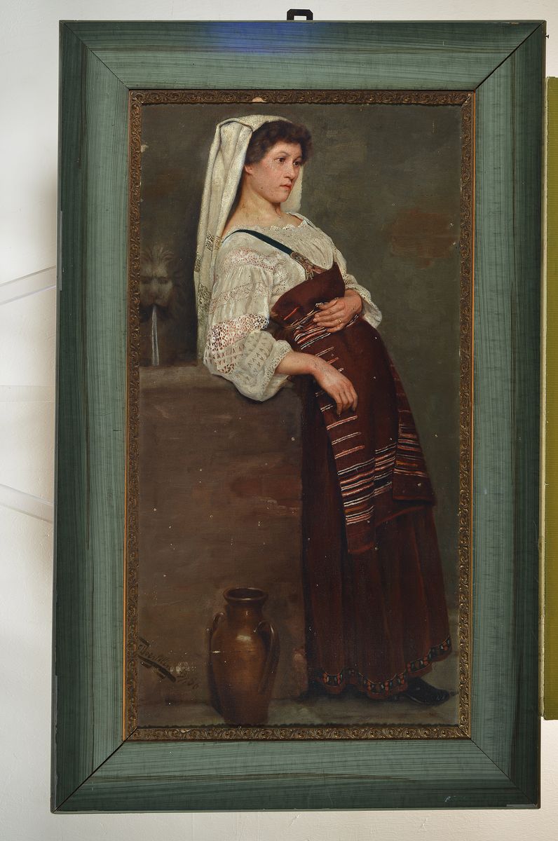 Detail k: Emil Doerstling, 1859 Stettin-1940 Königsberg, Studium an der Akademie Königsberg unter C. Steffeck und Emil Neide, hier: Junge Italienerin lehnt ...