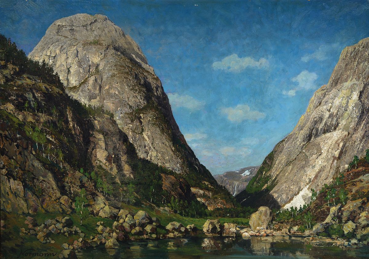 Eilert Adelsteen Normann, 1848 Bodö-1918 Oslo, Blick in einen norwegischen Fjord, Öl/Hartfaser, links unten signiert Normann, ca. 85x120 cm, R. ca. ...