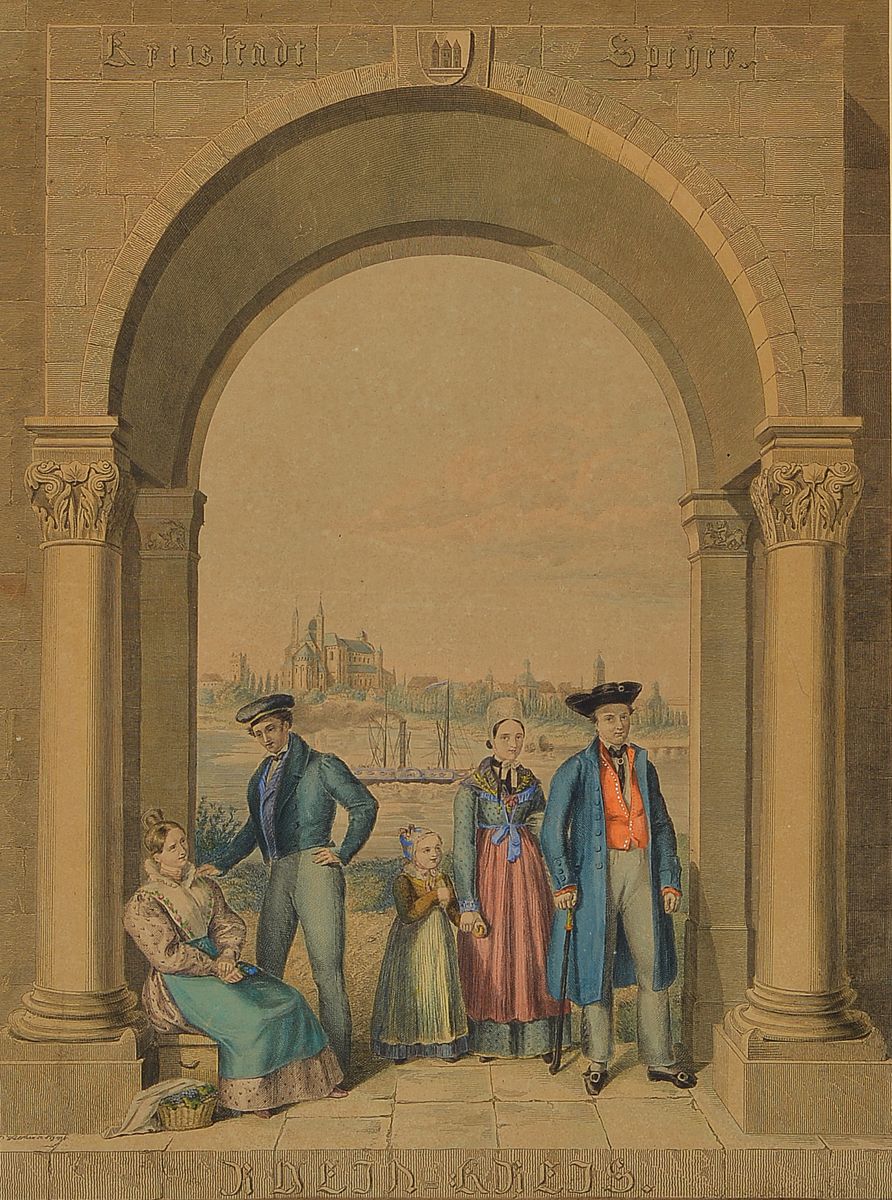 J.P. Walther, datiert 1834, kolorierter Kupferstich bezeichnet Breda-Friede, dargestellt eine Pfälzer Familie im Schmuckbogen, im Hintergrund die ...