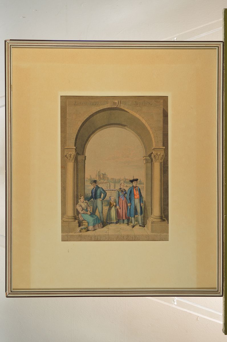 Detail k: J.P. Walther, datiert 1834, kolorierter Kupferstich bezeichnet Breda-Friede, dargestellt eine Pfälzer Familie im Schmuckbogen, im Hintergrund die ...