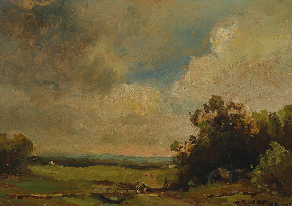 Max Zettler, 1886-1926 München, Spaziergänger am Waldrand, Öl/Malkarton, rechts unten signiert: M. Zettler Mh 1921, ca. 27x40cm, R. ca. 42x56cm