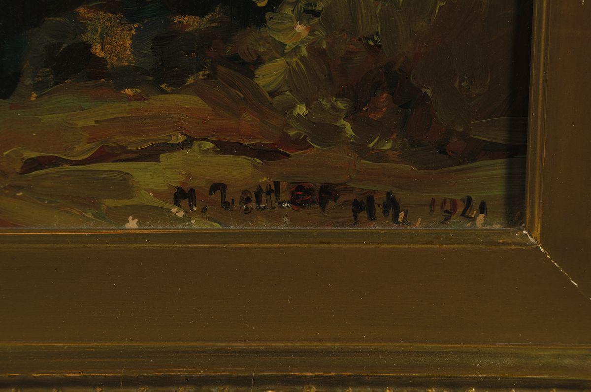 Detail a: Max Zettler, 1886-1926 München, Spaziergänger am Waldrand, Öl/Malkarton, rechts unten signiert: M. Zettler Mh 1921, ca. 27x40cm, R. ca. 42x56cm