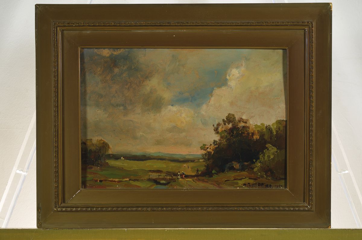 Detail k: Max Zettler, 1886-1926 München, Spaziergänger am Waldrand, Öl/Malkarton, rechts unten signiert: M. Zettler Mh 1921, ca. 27x40cm, R. ca. 42x56cm