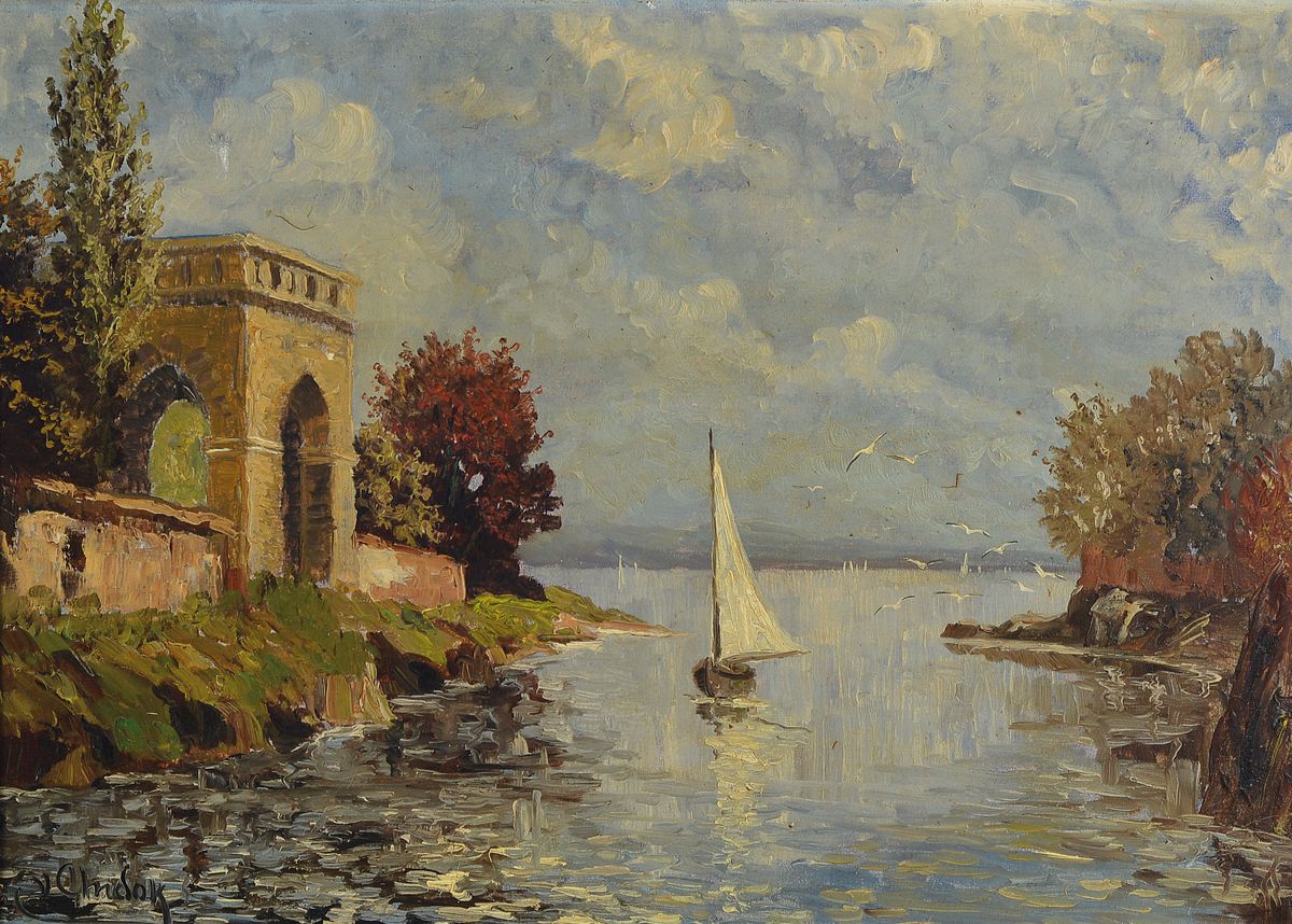 Ludwig von Andok, 1890-1981, Seeuferlandschaft mit Ruine und Segelboot, Öl/Lwd, rückseitig bezeichnet: Bei Rio de Janeiro, links unten signiert, ...