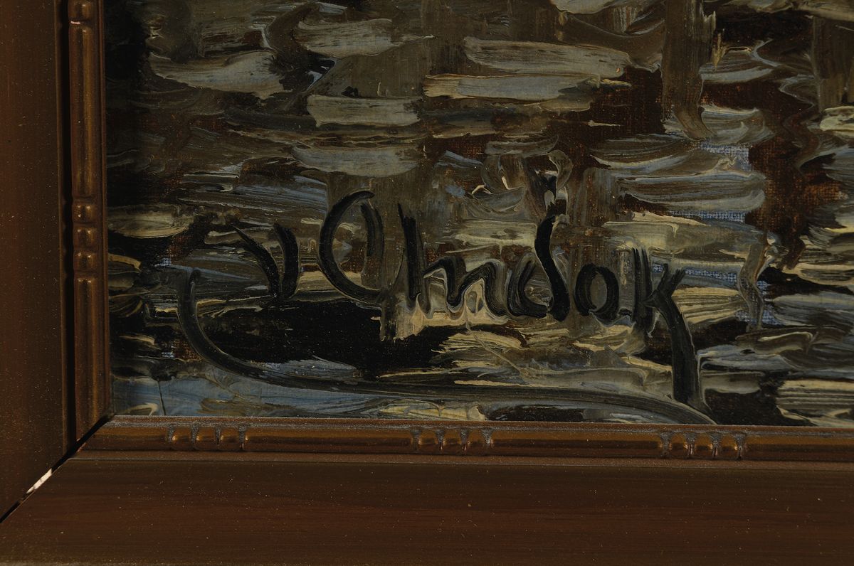 Detail a: Ludwig von Andok, 1890-1981, Seeuferlandschaft mit Ruine und Segelboot, Öl/Lwd, rückseitig bezeichnet: Bei Rio de Janeiro, links unten signiert, ...