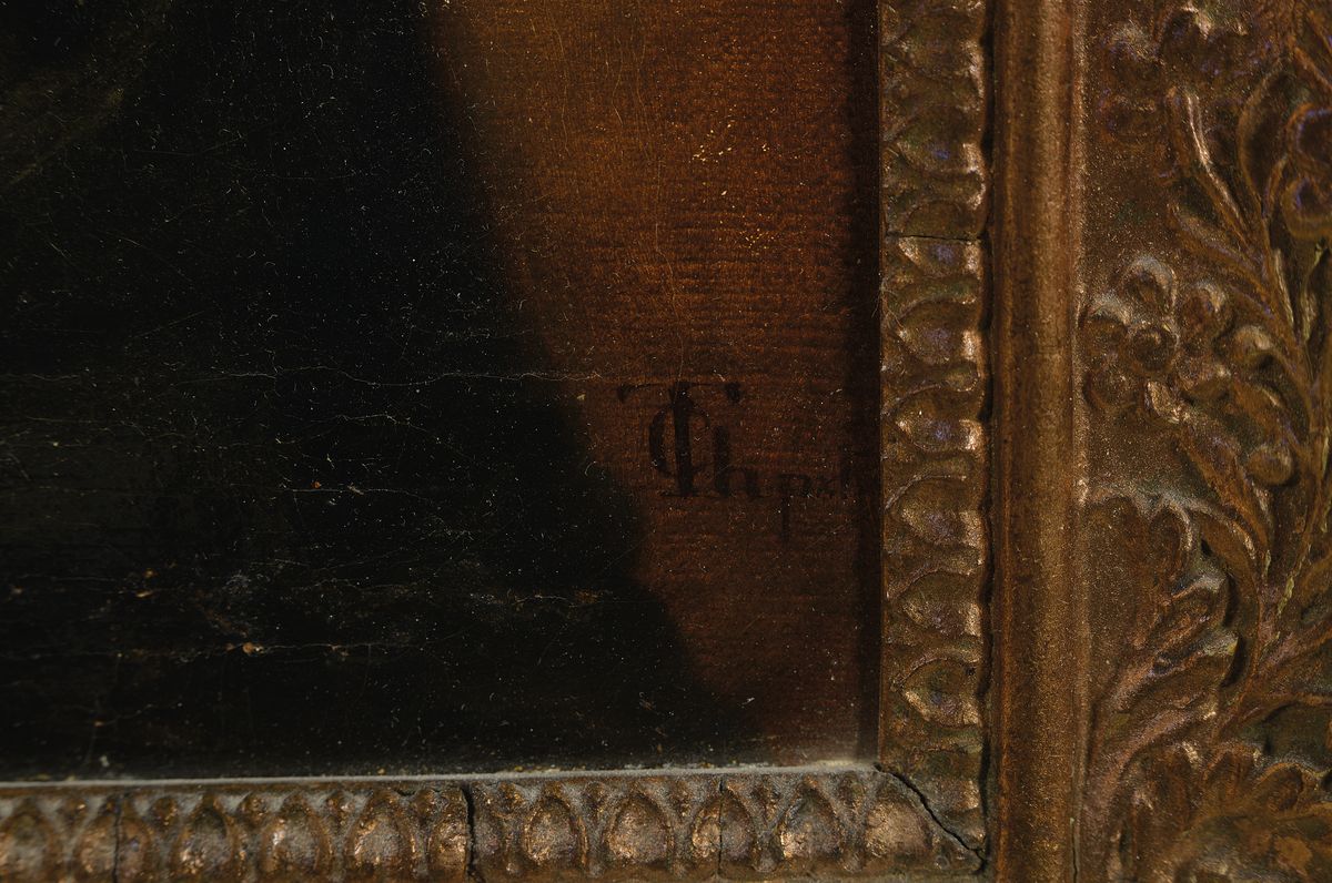 Detail b: Unbekannter Künstler, datiert 1844, Porträts des Johann Friedrich Frieß und seiner Frau Caroline Maria, beide geboren 1790, Öl/Lwd, rückseitig ...