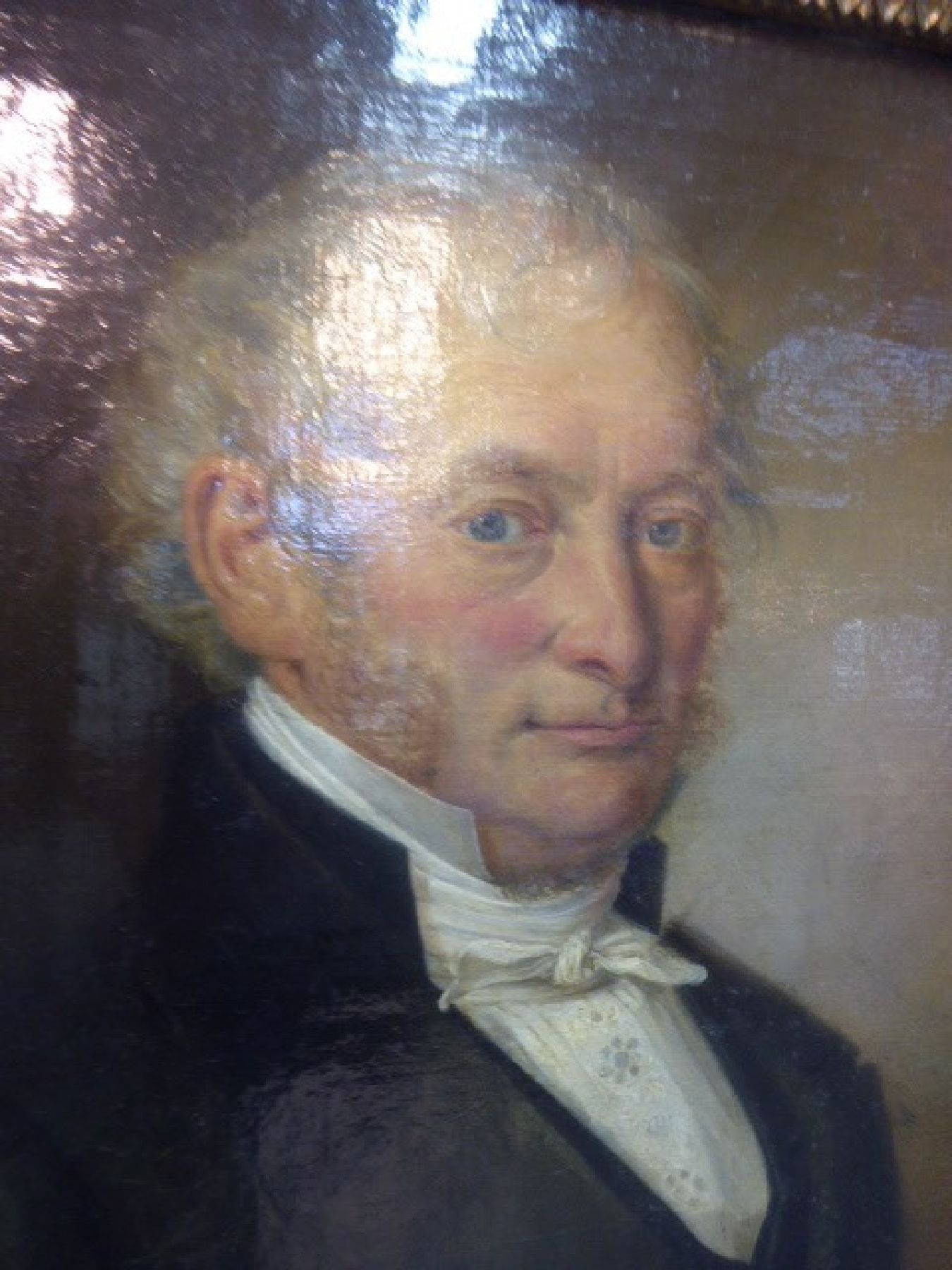 Detail f: Unbekannter Künstler, datiert 1844, Porträts des Johann Friedrich Frieß und seiner Frau Caroline Maria, beide geboren 1790, Öl/Lwd, rückseitig ...