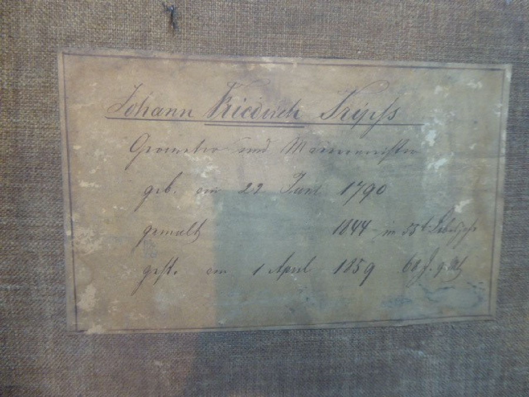 Detail g: Unbekannter Künstler, datiert 1844, Porträts des Johann Friedrich Frieß und seiner Frau Caroline Maria, beide geboren 1790, Öl/Lwd, rückseitig ...