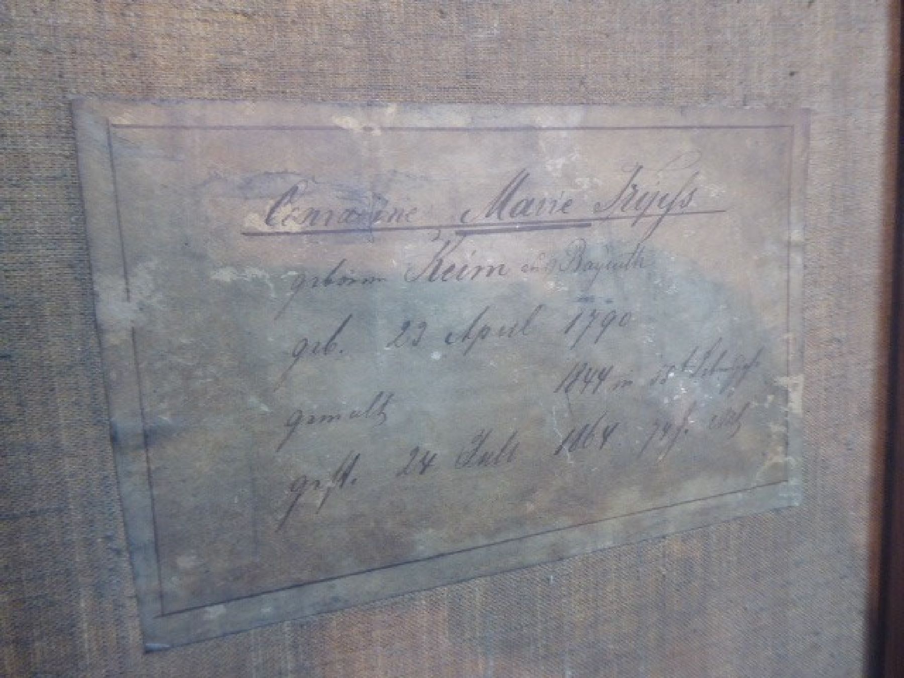 Detail i: Unbekannter Künstler, datiert 1844, Porträts des Johann Friedrich Frieß und seiner Frau Caroline Maria, beide geboren 1790, Öl/Lwd, rückseitig ...