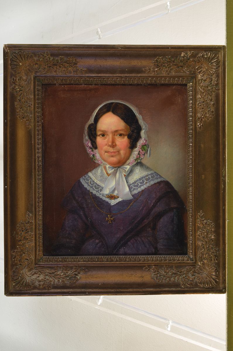 Detail k: Unbekannter Künstler, datiert 1844, Porträts des Johann Friedrich Frieß und seiner Frau Caroline Maria, beide geboren 1790, Öl/Lwd, rückseitig ...